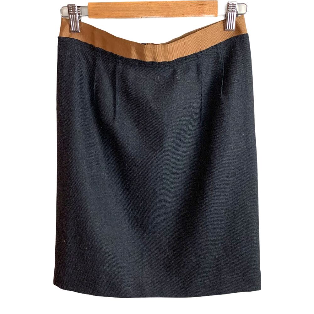 Ann Taylor LOFT Grey Wool Pencil Skirt Brown Grosgrain Ribbon Waist 2 XS